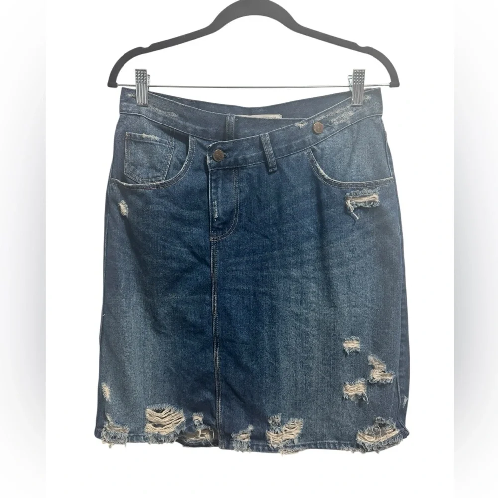 Zara Distressed Asymmetrical Waist Denim Mini Skirt Blue - Picture 2 of 10